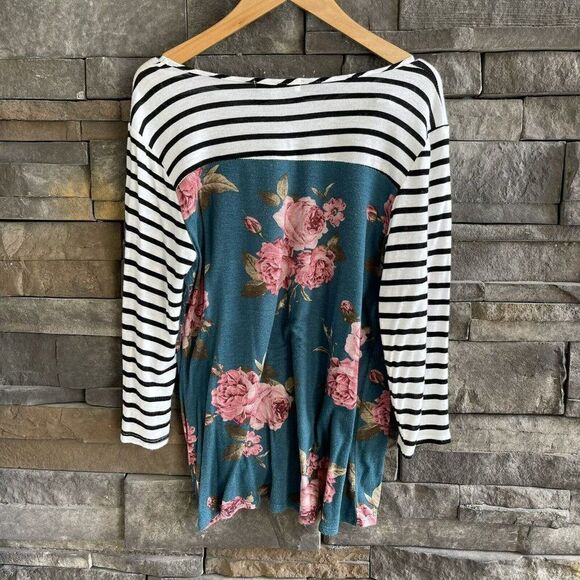 Moa Moa Contrasting Strip Floral 3/4 Sleeve Shirt Womens Small - Picture 2 of 3